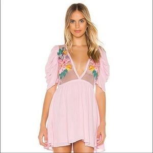Cleobella Pink Embroidered Floral Mini Dress Boho Sheer Size M NWT